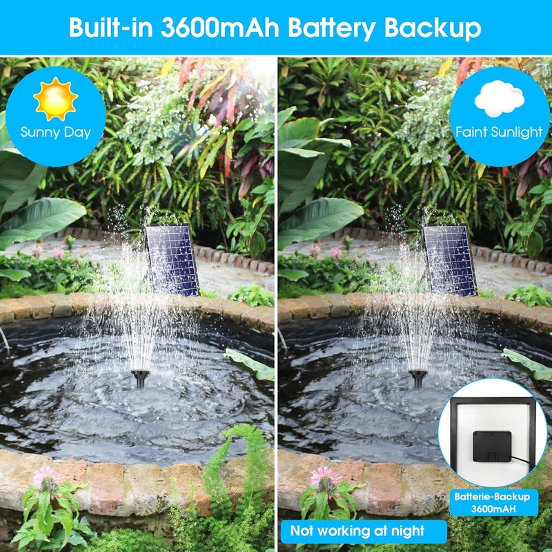 Biling 8W Solar Fountain Pump, Solar Water Pump with 3600mAh Battery Backup Work All Day, 5ft Tubing 5 Nozzles, Solar Fountain for Bird Bath, Garden Pond, Fish Tank and Hydroponics - Image 3